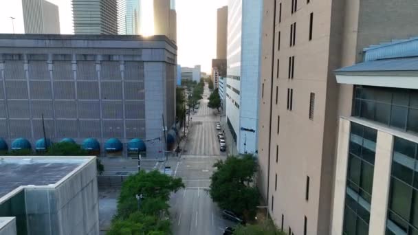 Aerial Downtown Houston Texas Street Neutrality Building Logo Sign — Stockvideo