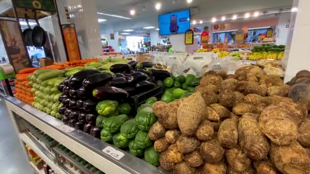 Static Shot Full Fruit Vegetable Racks Delicious Fresh Products Waiting — Vídeo de Stock