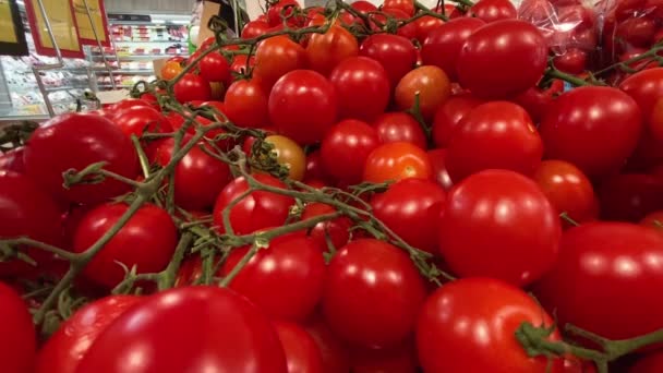 Static Shot Full Racks Tasty Fresh Tomatoes Store Waiting Customer — Stock Video