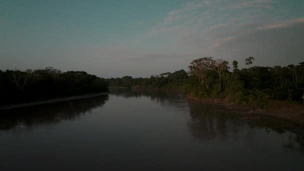 Endless Amazon River Lush Tropical Jungle Ecuador Sunset Aerial Drone — Wideo stockowe