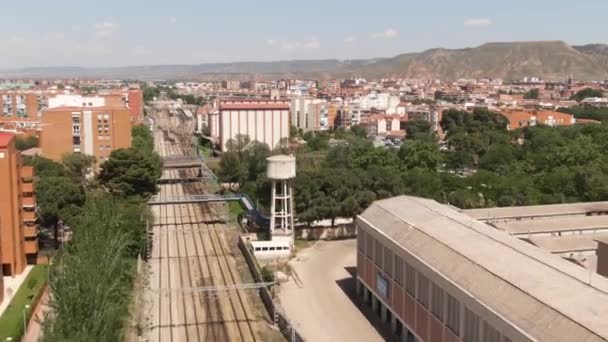 Railway Road Leading Suburbs Madrid Aerial Drone View — стокове відео