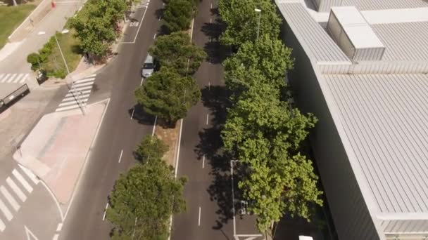 Andar Bicicleta Solitária Rua Quase Vazia Madrid Drone Aéreo Seguir — Vídeo de Stock