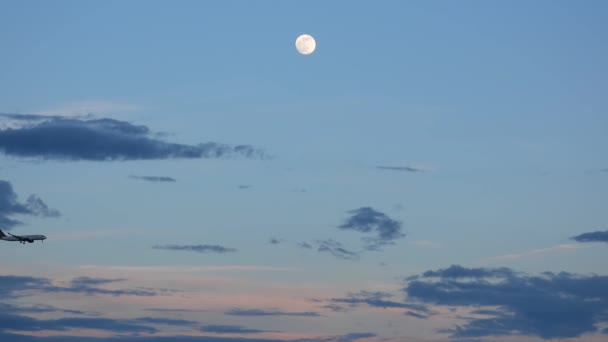 Static View Airplane Landing Wonderful Moon Blue Sky — Stockvideo