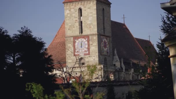 Svarta Kyrkan Gotisk Gammal Imponerande Byggnad Brasov Rumänien Sedd Från — Stockvideo