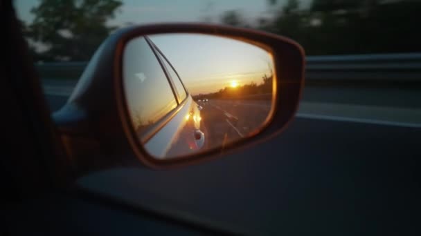 Golden Hour Sunrise Reflected Passenger Side Mirror Driving Highway — 비디오