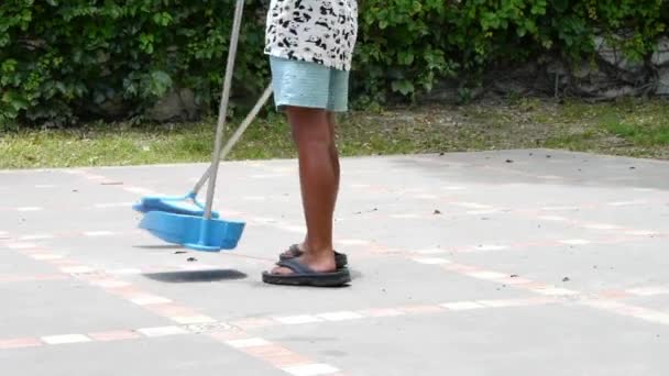 Child Using Broom Dust Pan Sweep Leaves Outdoor Court Area — Stock videók