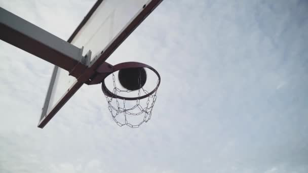 Basketball Flying Hoop Metal Net Slow Motion Video Footage — Stockvideo