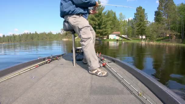 Man Fishing Open Face Reel Artificial Lure While Leaning Butt – Stock-video