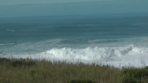 从空中俯瞰葡萄牙纳扎尔市海岸附近的巨浪 纳扎尔以拥有世界上最大的海浪而闻名世界 — 图库视频影像