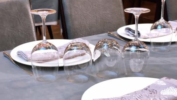 Restaurant Dining Room Well Dressed Tables Plates Glasses Water Wine — Stockvideo