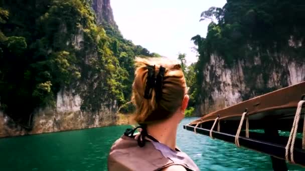 Female Traveller Wearing Sunglasses Taking Face Mask Longtail Boat Going — 图库视频影像