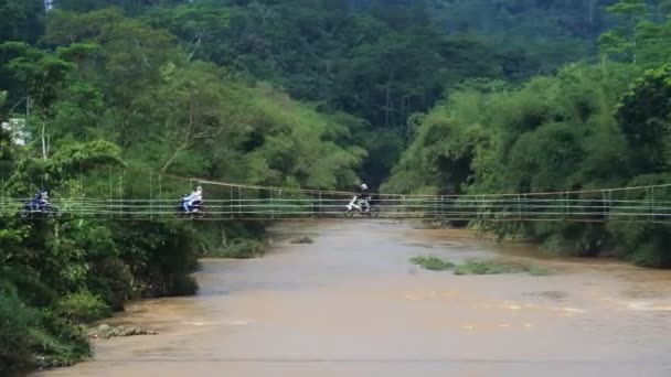 Suspension Bridge River Motorcycle Crossing Morning Sun Ray West Java — Stok video