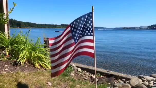 American Flag Stars Stripes Flies Wind Low Angle Garden Beach — ストック動画