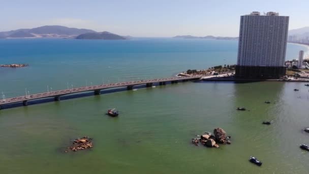 Aerial Seascape Nha Trang Vietnamese City Traffic Bridge Tall Hotel — Video