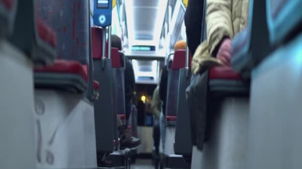 Narrow Focus Low Angle Pov Passengers Metro Train Commute Night — Stock videók