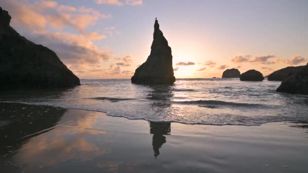 Silhouetted Sea Stack Sunset Oregon Coast Travel Background — Stock video