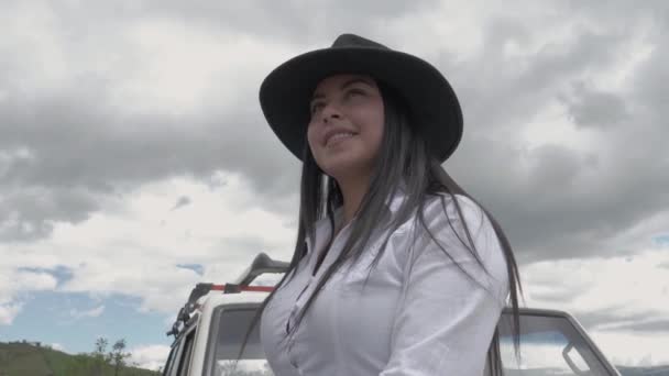 Smiling Latina Cowgirl Farm — Vídeo de Stock