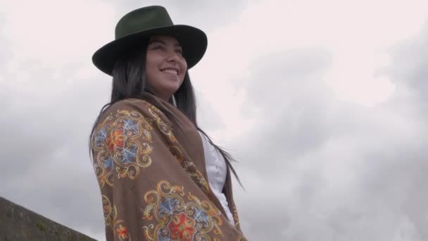 Slow Motion Cowgirl Laughing While Cloudy Weather — Vídeo de Stock