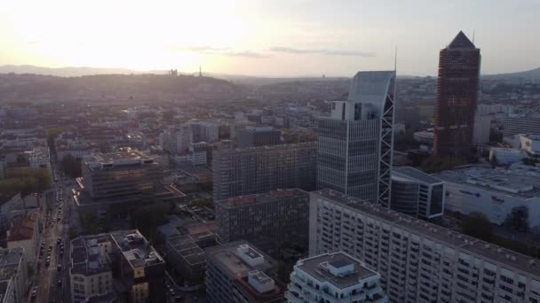 Aerial Flying Backwards Lyon Sunset France — Stock video