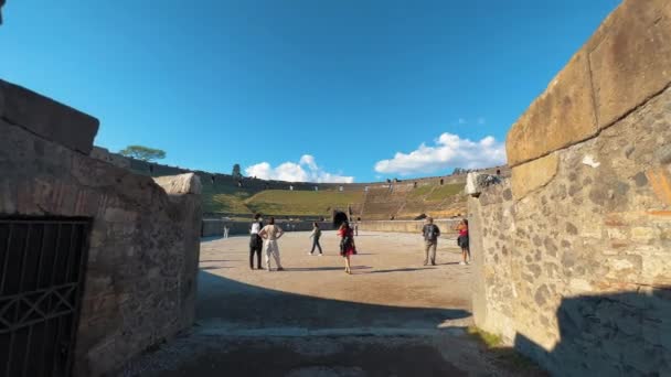 Walking Rediscovered Ruins Entrance Ancient Amphitheatre — Vídeo de Stock