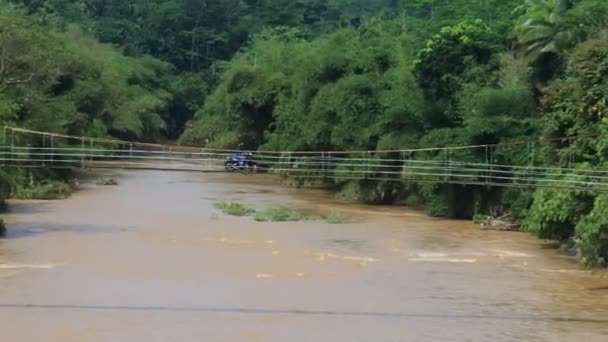 Suspension Bridge River Motorcycle Crossing Morning Sun Ray West Java — Stockvideo