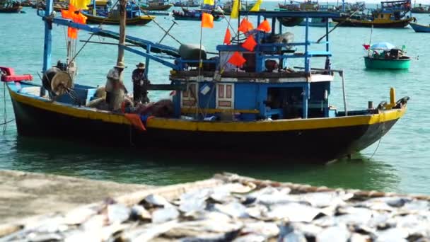 Fish Drying Pier Fishermen Boat Background Vietnam Rack Focus — Vídeos de Stock