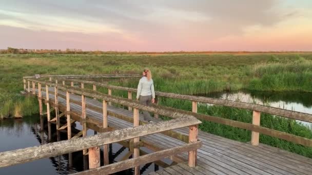 Woman Walk Wooden Path Lookout Lake Wetland Tracking Rear View – Stock-video