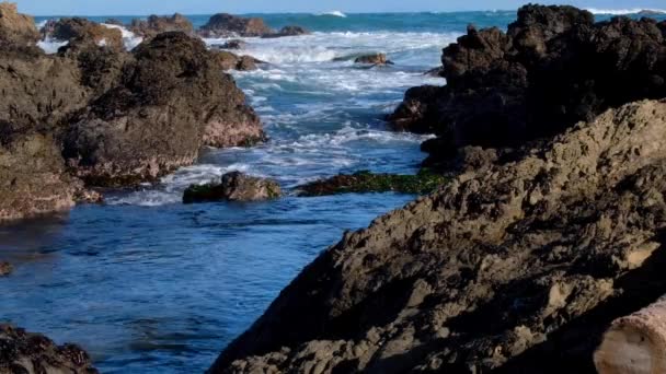 Ocean Tide Rising White Wash Waves Rolling Rugged Jagged Rock — Vídeos de Stock