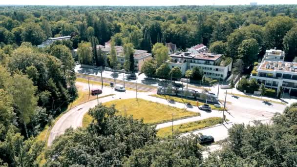 Drone Aerial View Streetcar Munich Suburb Flying Street Tram Noble — Vídeos de Stock