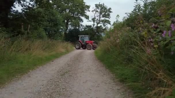 Walking Gravel Path Red Tractor — Vídeo de Stock