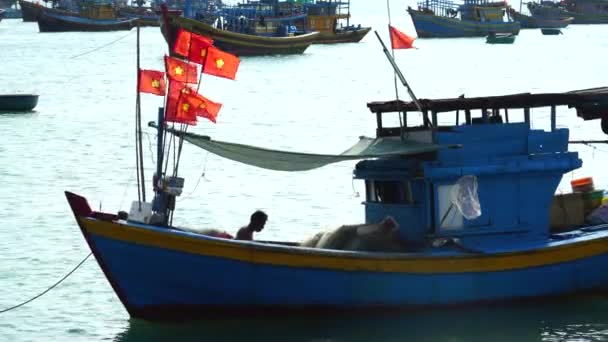 Силуэт Рыбака Лодке Чинящего Сеть Флаги Вьетнама Ветру Статический — стоковое видео