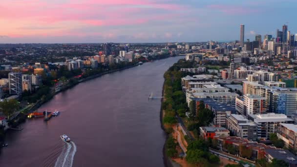 Aerial View Toowong Buildings River Brisbane Queensland Australia Sunset Drone — Stockvideo