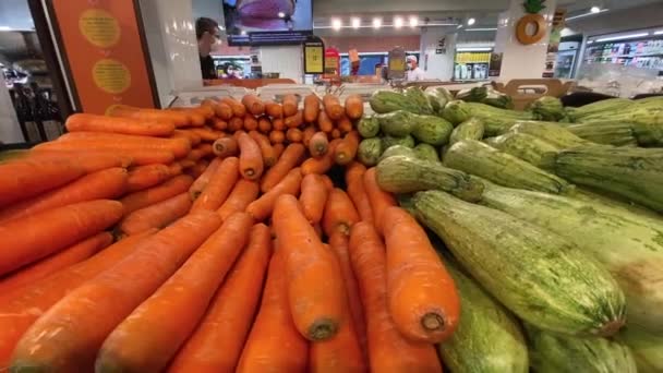 Sliding Shot Mountain Different Vegetables Waiting Customers Overcrowded Supermarket Shelves — Stock Video