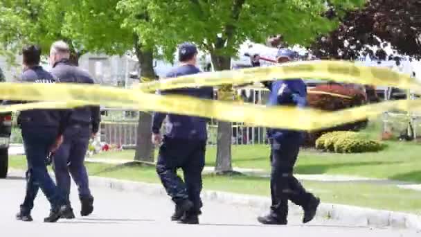 Group Firemen Working Crime Site Yellow Barriers Wearing Uniform Using — Wideo stockowe