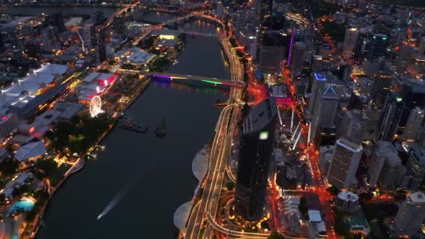 Aerial Timelapse Top View Busy Brisbane City Highrise Buildings Moving — Stockvideo