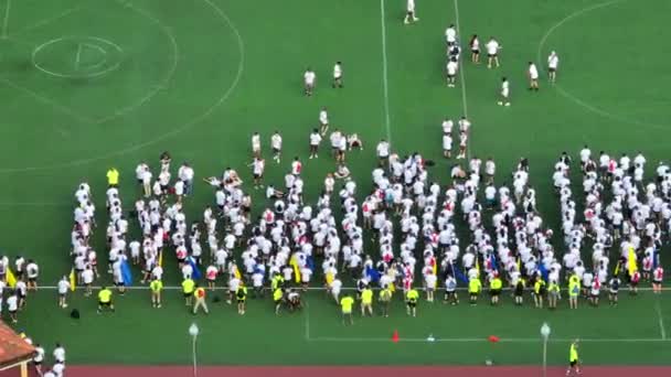 College Students Practice Dance Moves Exercises University Football Field Aerial — Vídeo de stock