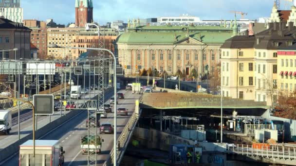 Static View Traffic Old Buildings Central Stockholm Sweden — Stok video
