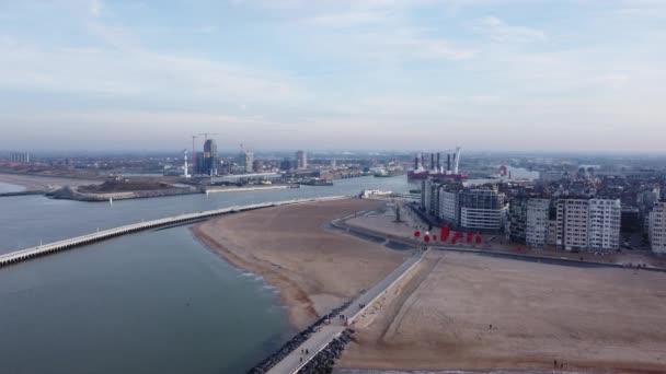 Aerial View Ostend Beach Seaside City Bruges Ostend Canal Belgium — стокове відео