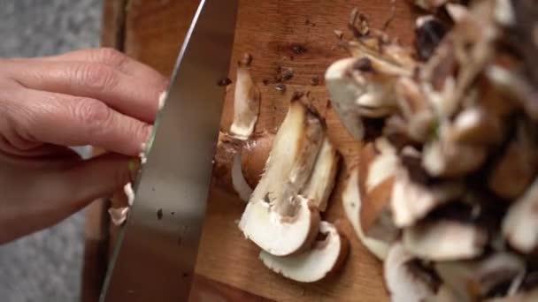 Vertical Shot Hands Slicing Portobello Mushrooms Kitchen Knife Close — Vídeos de Stock