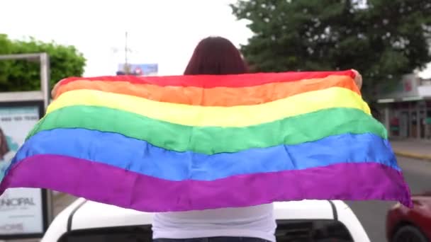 Total Support Lgbt Community Carrying Flag Back Seen Streets City — Stockvideo