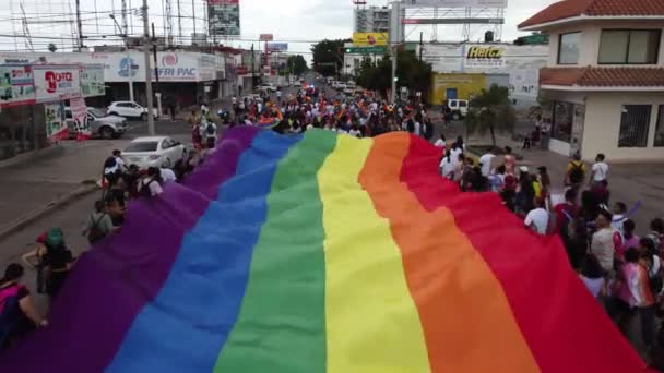 Aerial Tracking Lgbt Flag March Rights Freedom Pride Day — Stock video