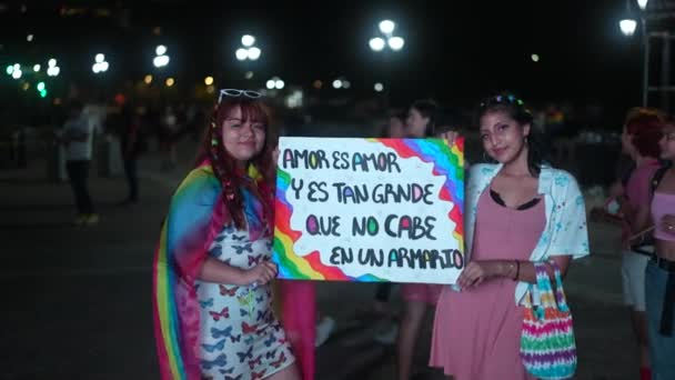 Static View Two Girls Holding Sign Lgbt Pride Parade Monterrey — Video Stock