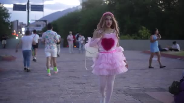 Smiling Girl Wearing Pink Dress Carrying Her Hand Bag Walking — Video Stock