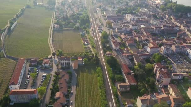 Train Going Tain Hermitage Village Rhone Valley France Drone Aerial — стоковое видео