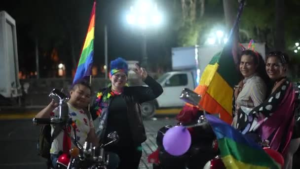 Static Shot Participants Pride Parade Posing Front Camera While Sitting — Stock Video