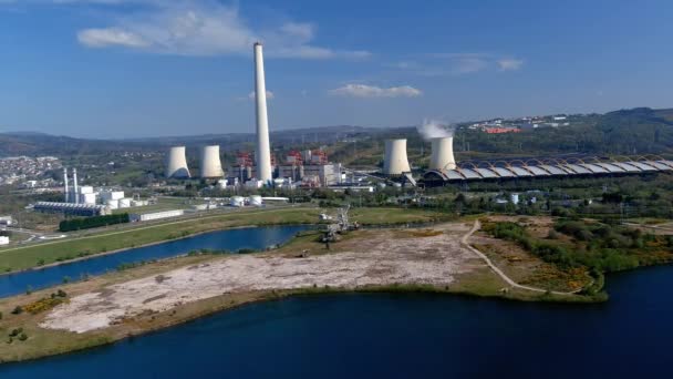 Steaming Thermal Power Plant Lake Old Excavator Bridge Right Sunny — Stok Video