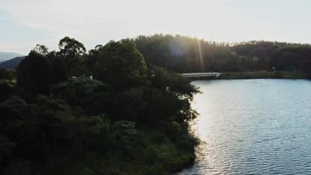 Sunset River Bridge Lake Drone Shot — Stockvideo