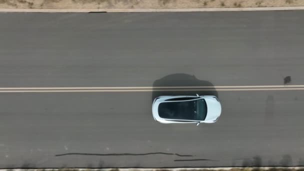 Top Aerial Glass Rooftop Tesla Model Driving Open Road Aerial — Αρχείο Βίντεο