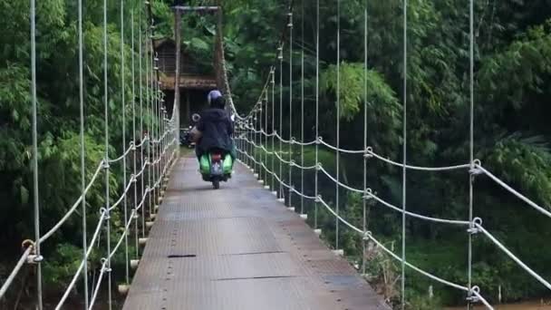 Suspension Bridge River Motorcycle Crossing Morning Sukabumi West Java Indonesia — Video