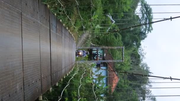 Suspension Bridge River Motorcycle Crossing Morning Sukabumi West Java Indonesia — Stock videók
